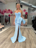 Smooth Satin Bow Mermaid Cheap Prom Dresses with Slit Pleated Bodice 24142-Prom Dresses-vigocouture-Light Blue-Custom Size-vigocouture