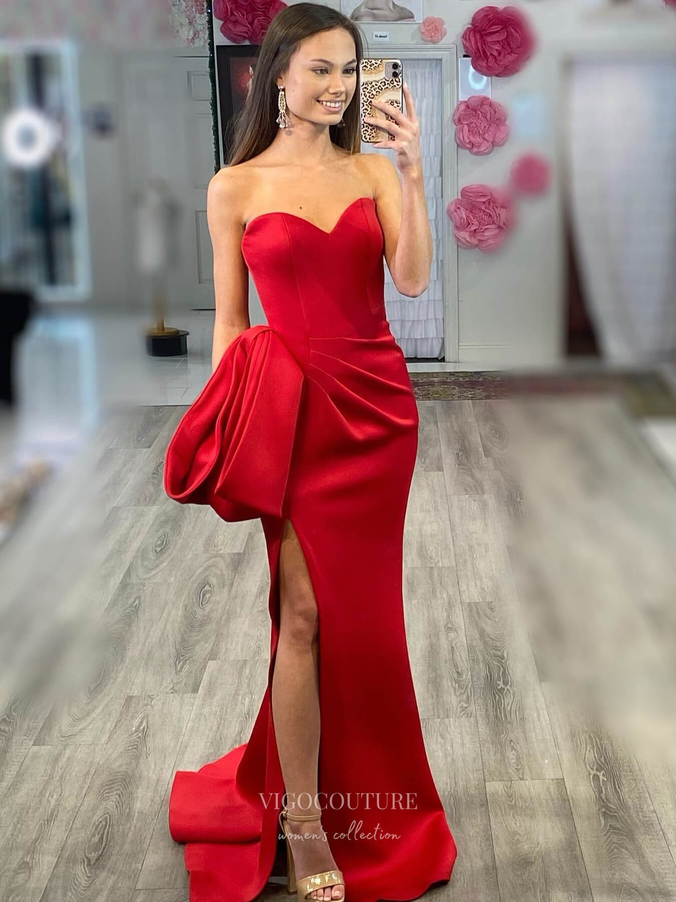 Smooth Satin Bow Mermaid Cheap Prom Dresses with Slit Pleated Bodice 24142-Prom Dresses-vigocouture-Red-Custom Size-vigocouture