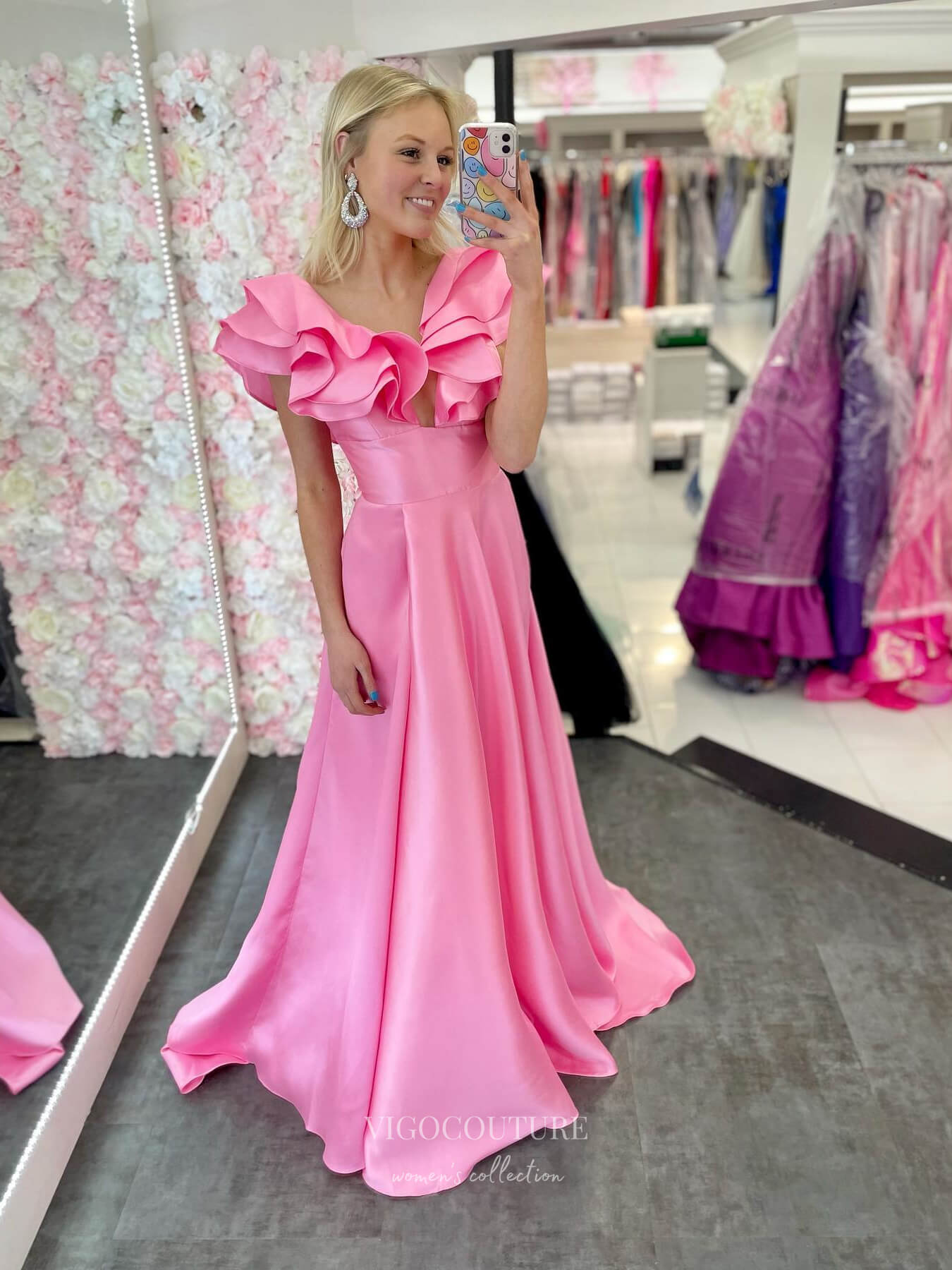 Smooth Satin Cheap Prom Dresses Ruffle Off the Shoulder Formal Gown 24136-Prom Dresses-vigocouture-Pink-Custom Size-vigocouture