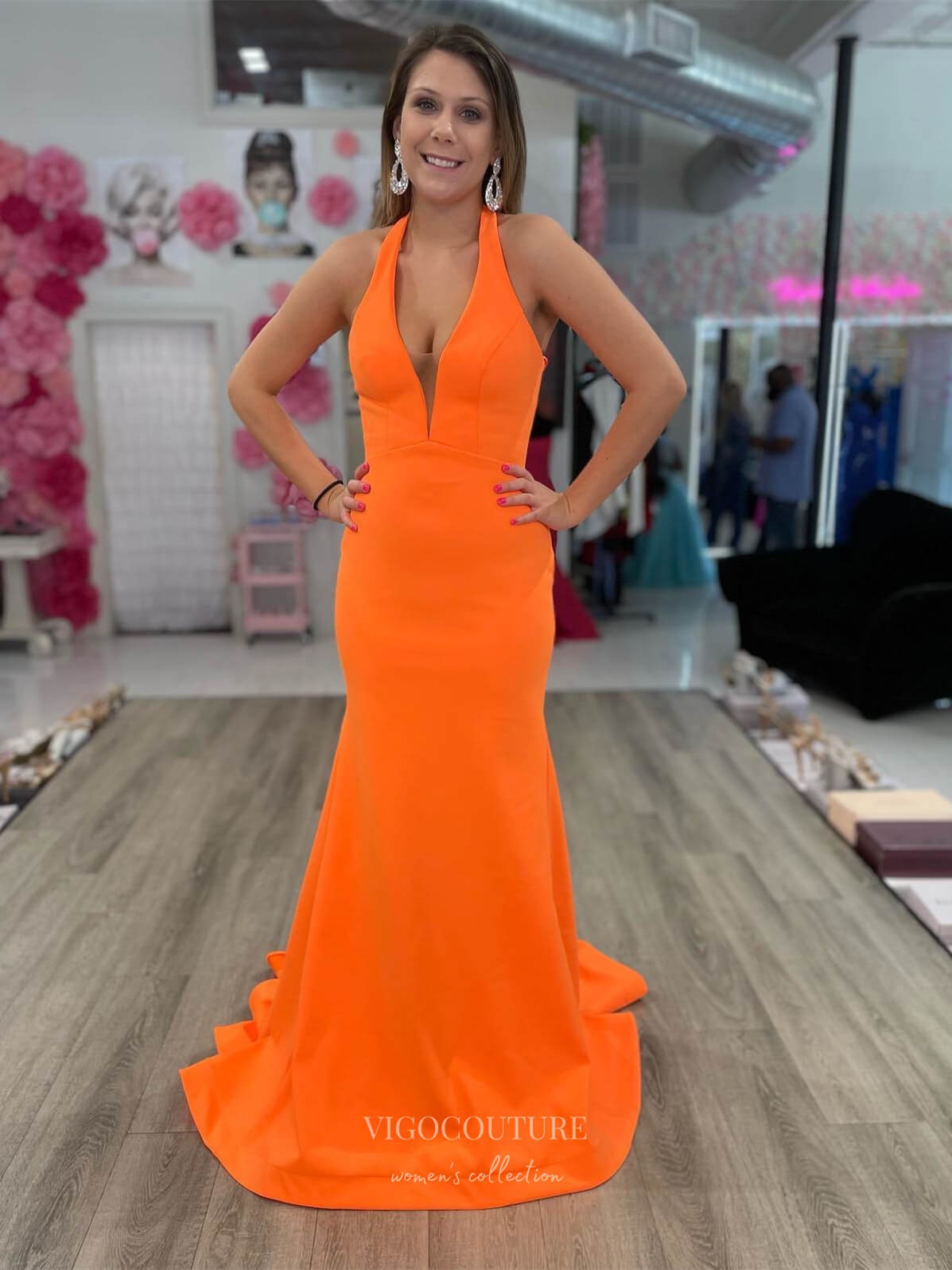 Smooth Satin Mermaid Cheap Prom Dresses Plunging V-Neck Zipper 24149-Prom Dresses-vigocouture-Orange-Custom Size-vigocouture