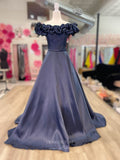 Smooth Satin Ruffle Off the Shoulder Prom Dresses Beaded Belt 24214-Prom Dresses-vigocouture-Black-Custom Size-vigocouture