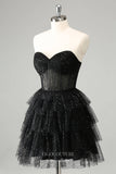 Sparkly Black Tiered Homecoming Dresses Sweetheart Strapless Back to School Dress hc390-Prom Dresses-vigocouture-Black-Custom Size-vigocouture