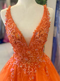 Sparkly Lace Applique Cheap Prom Dresses 2024 V-Neck Open Back 24230-Prom Dresses-vigocouture-Lavender-Custom Size-vigocouture