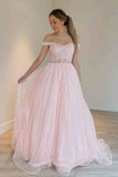 Sparkly Lace Off the Shoulder Prom Dresses Sheer Boned Bodice 24353-Prom Dresses-vigocouture-Blush-Custom Size-vigocouture