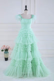 Sparkly Tiered Ruffled Prom Dresses Feather Off the Shoulder Pleated Bodice 24336-Prom Dresses-vigocouture-Light Green-Custom Size-vigocouture