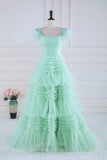Sparkly Tiered Ruffled Prom Dresses Feather Off the Shoulder Pleated Bodice 24336-Prom Dresses-vigocouture-Light Green-Custom Size-vigocouture