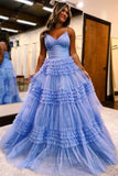 Sparkly Tiered Ruffled Prom Dresses Spaghetti Strap Pleated Bodice 24333-Prom Dresses-vigocouture-Blue-Custom Size-vigocouture
