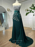 Strapless Beaded Mermaid Prom Dresses with Slit Satin Overskirt Pageant Dress 24519