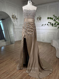 Strapless Beaded Mermaid Prom Dresses with Slit Satin Overskirt Pageant Dress 24519-Prom Dresses-vigocouture-Khaki-US2-vigocouture