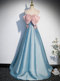 vigocouture-Strapless Blue Satin With Bow Prom Dress 20863-Prom Dresses-vigocouture-Blue-US2-