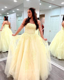 Strapless Lace Applique Prom Dresses 2024 Sparkly Tulle Formal Gown 24291-Prom Dresses-vigocouture-Yellow-Custom Size-vigocouture