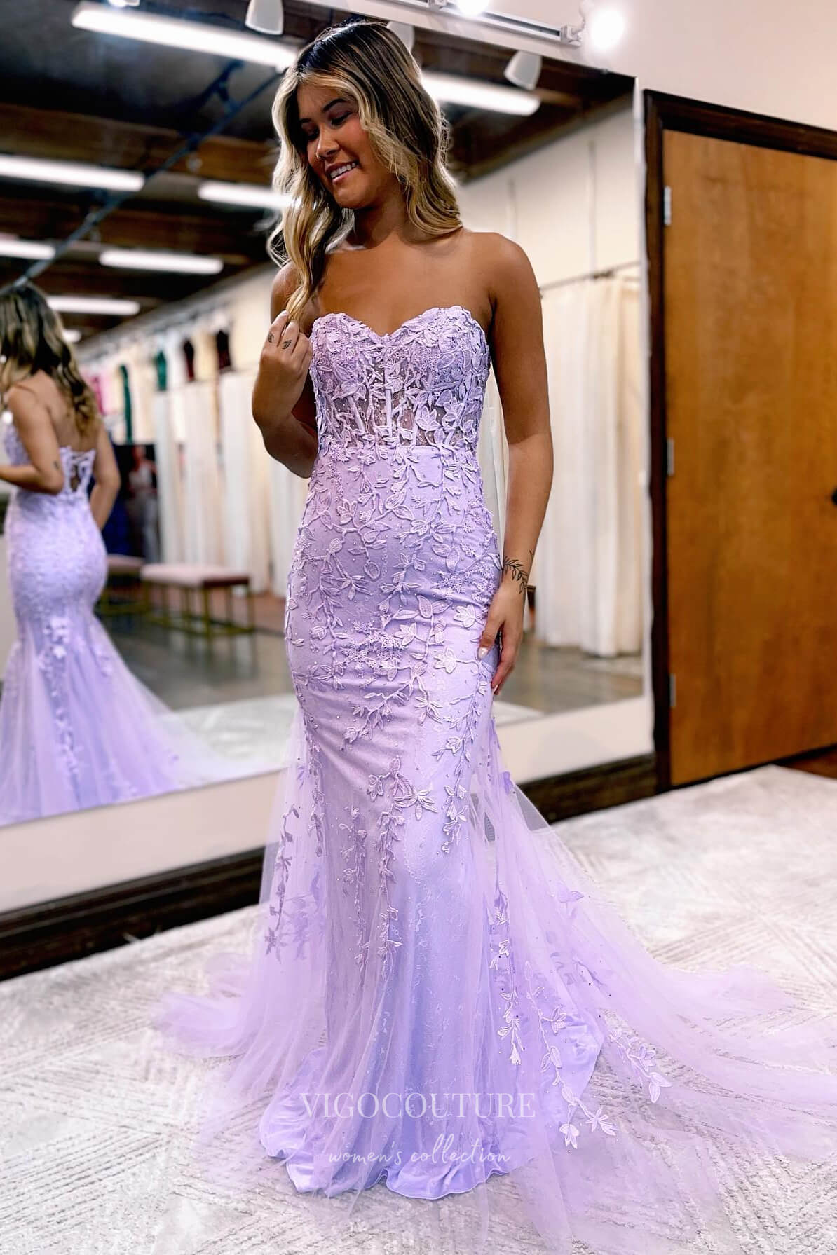 Strapless Lace Applique Prom Dresses with Corset Back Mermaid Evening –  vigocouture