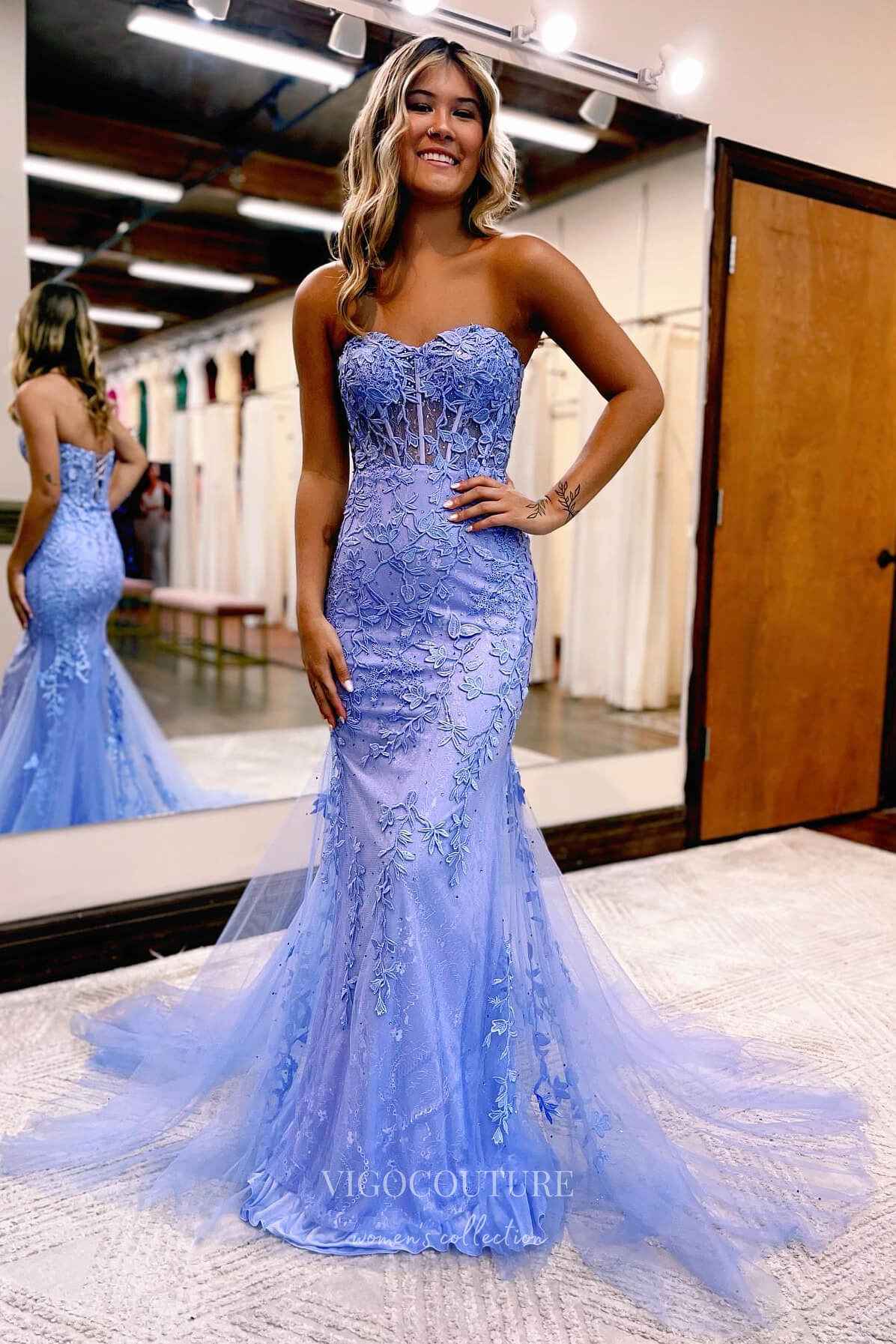 Strapless Lace Applique Prom Dresses with Corset Back Mermaid
