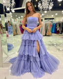 Strapless Ruffled Prom Dresses with Slit Sparkly Tulle Formal Gown 24024-Prom Dresses-vigocouture-Lavender-Custom Size-vigocouture