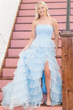 Strapless Sequin Lace Tiered Prom Dresses with Slit Pleated Bodice 24309-Prom Dresses-vigocouture-Light Blue-Custom Size-vigocouture