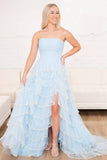 Strapless Sequin Lace Tiered Prom Dresses with Slit Pleated Bodice 24309-Prom Dresses-vigocouture-Light Blue-Custom Size-vigocouture