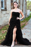 Strapless Sequin Lace Tiered Prom Dresses with Slit Pleated Bodice 24309-Prom Dresses-vigocouture-Black-Custom Size-vigocouture