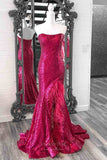 Strapless Sequin Mermaid Prom Dresses 2024 with Feather Slit 24239-Prom Dresses-vigocouture-Fuchsia-Custom Size-vigocouture