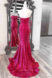Strapless Sequin Mermaid Prom Dresses 2024 with Feather Slit 24239-Prom Dresses-vigocouture-Fuchsia-Custom Size-vigocouture