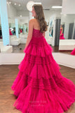 Strapless Sparkly Tiered Ruffled Prom Dresses with Slit Lace Applique Boned Bodice 24334-Prom Dresses-vigocouture-Hot Pink-Custom Size-vigocouture