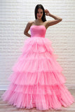 Strapless Tiered Ruffled Prom Dresses Pleated Bodice Formal Gown 24325-Prom Dresses-vigocouture-Pink-Custom Size-vigocouture