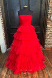 Strapless Tiered Ruffled Prom Dresses Pleated Bodice Formal Gown 24325-Prom Dresses-vigocouture-Red-Custom Size-vigocouture