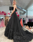 Strapless Tiered Ruffled Prom Dresses Pleated Tulle Formal Gown 24373-Prom Dresses-vigocouture-Black-Custom Size-vigocouture