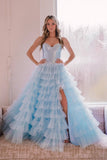 Strapless Tiered Ruffled Prom Dresses with Slit Satin Boned Bodice 24283-Prom Dresses-vigocouture-Light Blue-Custom Size-vigocouture