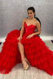 Strapless Tiered Ruffled Prom Dresses with Slit Satin Boned Bodice 24283-Prom Dresses-vigocouture-Red-Custom Size-vigocouture
