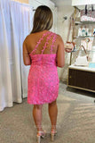 Stunning Lace Applique Hoco Dress One Shoulder Bodycon Dress hc262-Prom Dresses-vigocouture-Pink-US0-vigocouture