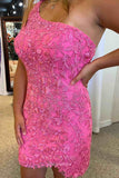 Stunning Lace Applique Hoco Dress One Shoulder Bodycon Dress hc262-Prom Dresses-vigocouture-Pink-US0-vigocouture