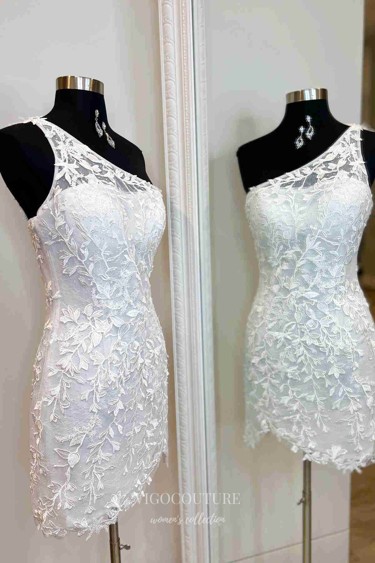 Stunning Lace Applique Hoco Dress One Shoulder Bodycon Dress hc262-Prom Dresses-vigocouture-White-US0-vigocouture