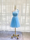 Stunning Lace Applique Homecoming Dress One Shoulder Graduation Dress hc269-Prom Dresses-vigocouture-Light Blue-US0-vigocouture