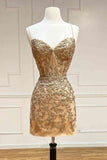 Stunning Lace Applique Homecoming Dress Spaghetti Strap Bodycon Dress hc260-Prom Dresses-vigocouture-Champagne-US0-vigocouture