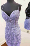 Stunning Lace Applique Homecoming Dress Spaghetti Strap Bodycon Dress hc260-Prom Dresses-vigocouture-Lavender-US0-vigocouture