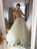 Stunning Lace Applique Wedding Dress Rustic Spaghetti Strap Bridal Gown w0159