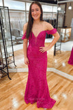 Stunning Lace Mermaid Cheap Prom Dresses Off the SHoulder Plunging V-Neck 24314-Prom Dresses-vigocouture-Fuchsia-Custom Size-vigocouture
