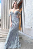 Stunning Lace Mermaid Cheap Prom Dresses Off the SHoulder Plunging V-Neck 24314-Prom Dresses-vigocouture-Silver-Custom Size-vigocouture