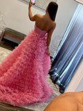 Stunning Ruffled Prom Dresses with Slit Strapless Tiered Formal Gown 24045-Prom Dresses-vigocouture-Pink-Custom Size-vigocouture