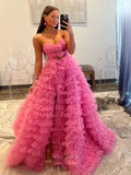 Stunning Ruffled Prom Dresses with Slit Strapless Tiered Formal Gown 24045-Prom Dresses-vigocouture-Pink-Custom Size-vigocouture
