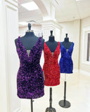 Stunning Sequin Hoco Dress Plunging V-Neck Bodycon Dress hc293-Prom Dresses-vigocouture-Custom Colors-US0-vigocouture