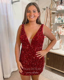 Stunning Sequin Hoco Dress Plunging V-Neck Bodycon Dress hc293-Prom Dresses-vigocouture-Red-US0-vigocouture