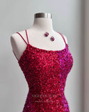 Stunning Sequin Hoco Dress with Slit Spaghetti Strap Bodycon Dress hc280-Prom Dresses-vigocouture-Red-US0-vigocouture