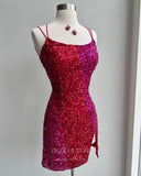 Stunning Sequin Hoco Dress with Slit Spaghetti Strap Bodycon Dress hc280-Prom Dresses-vigocouture-Red-US0-vigocouture
