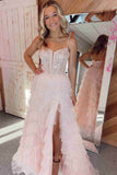 Stunning Sequin Lace Tiered Prom Dresses with Slit Spaghetti Strap Boned Bodice 24307-Prom Dresses-vigocouture-Blush-Custom Size-vigocouture