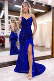 Stunning Sequin Mermaid Prom Dress with Slit, Feathers, and Spaghetti Straps 22185-Prom Dresses-vigocouture-Blue-Custom Size-vigocouture