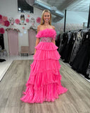 Stunning Tiered Ruffled Prom Dresses Beaded Waist Layered Formal Gown 24355-Prom Dresses-vigocouture-Hot Pink-Custom Size-vigocouture