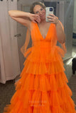 Tiered Ruffle Prom Dresses with Slit V-Neck Pleated Tulle 24285-Prom Dresses-vigocouture-Orange-Custom Size-vigocouture