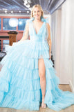 Tiered Ruffle Prom Dresses with Slit V-Neck Pleated Tulle 24285-Prom Dresses-vigocouture-Light Blue-Custom Size-vigocouture