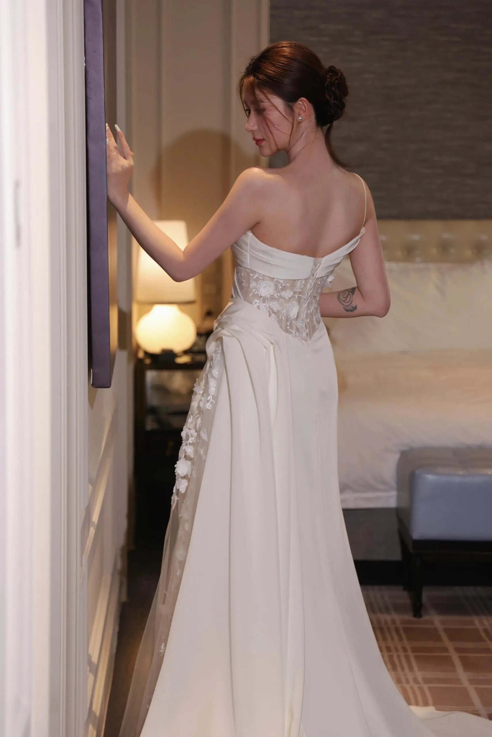 Asymmetrical Draped Wedding Gown with Sheer Lace Corset and Floral Tulle Overlay Style RD008 Ivory / 4 Asymmetrical Draped Wedding Gown with Sheer Lace Corset and Floral Tulle Overlay Style RD008 Ivory / 4